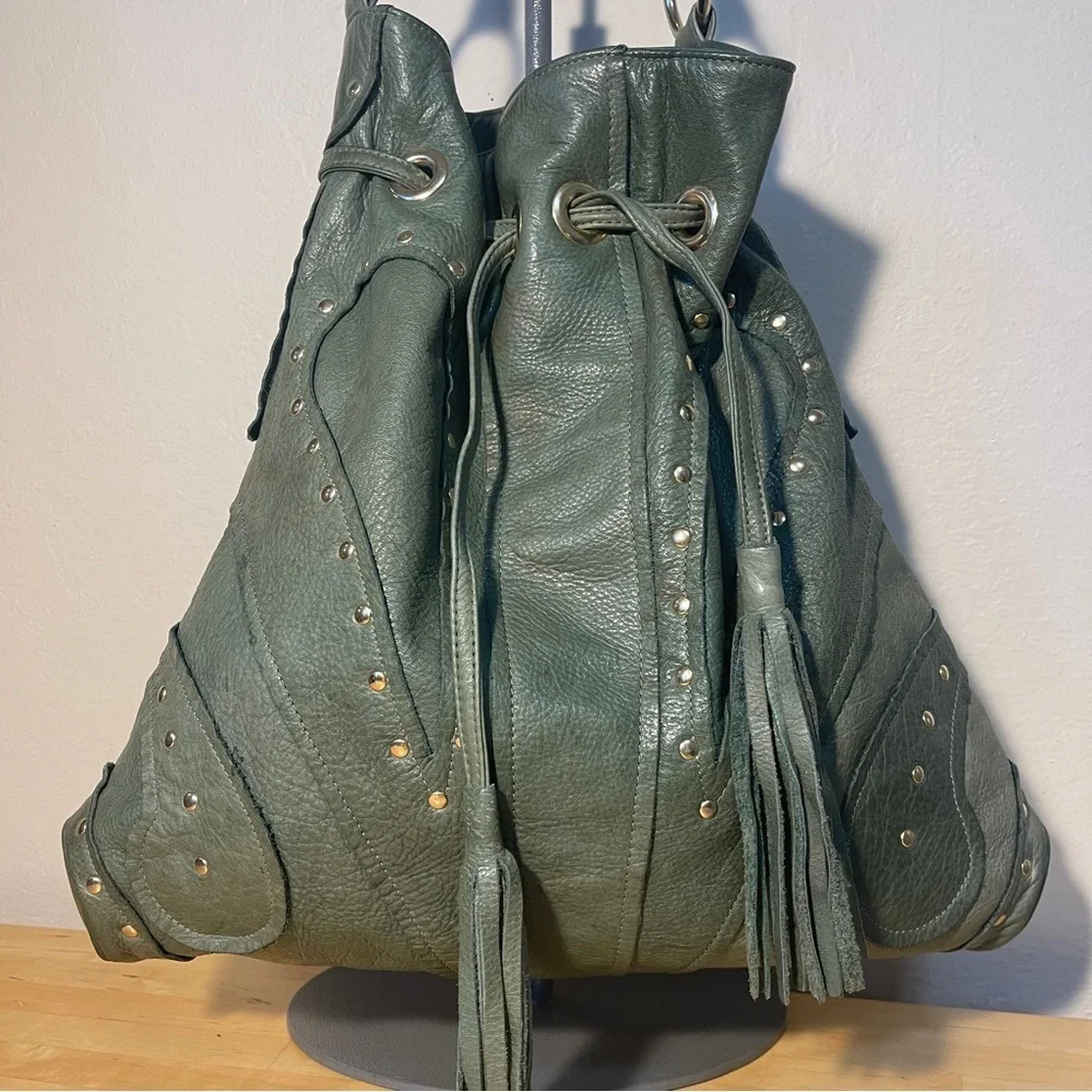 Vintage Y2K Bulga Green Leather Studded Hobo Bag Drawstring Tassel Purse